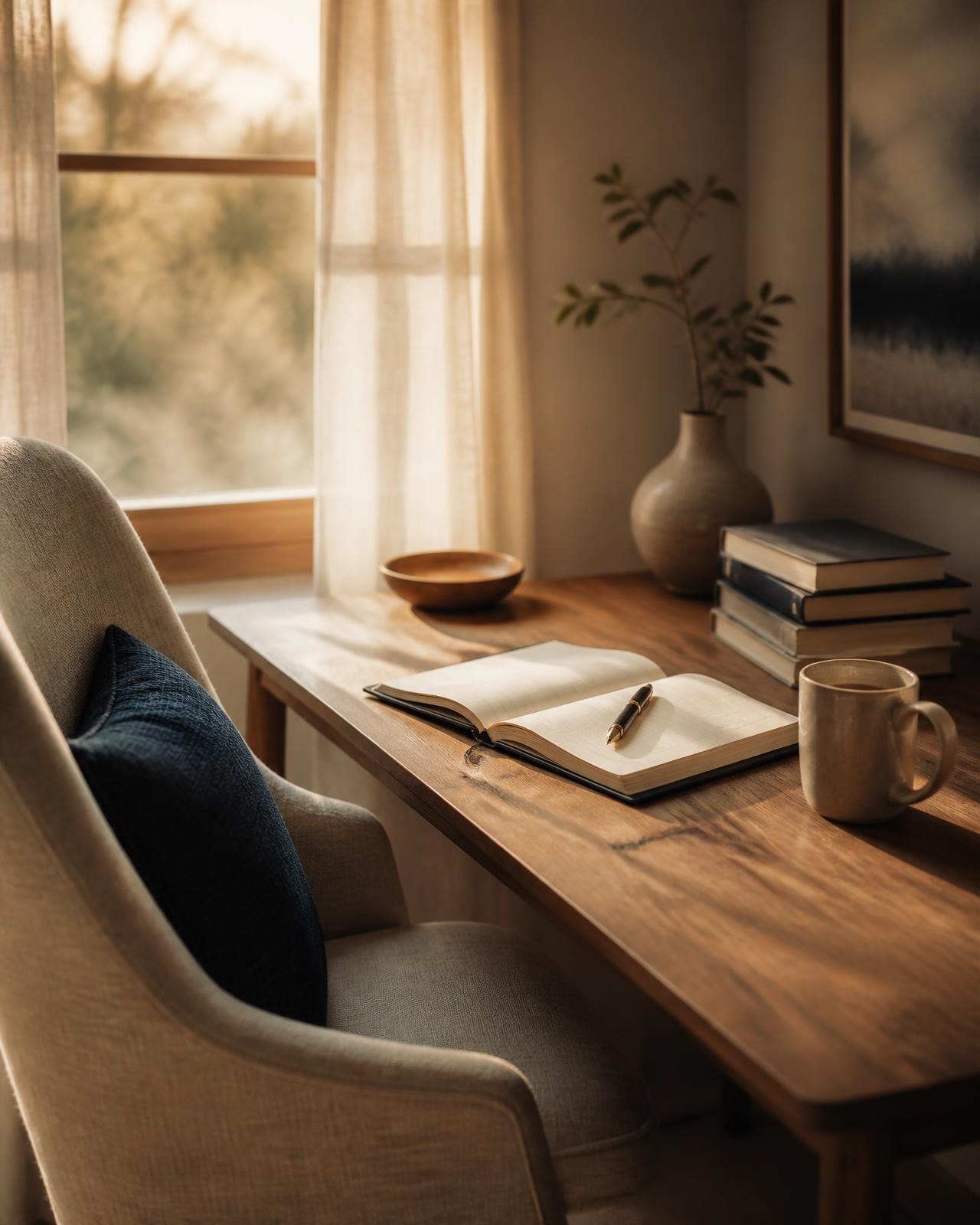 A quiet home study desk in warm afternoon light with an open notebook, pen and stack of books